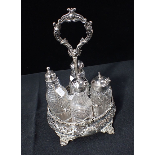 440 - A CRUET SET WITH SILVER TOPPED BOTTLES and silver-plated stand