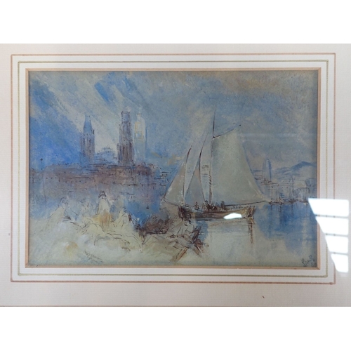 708 - AFTER J.M.W. TURNER: ROUEN CATHEDRAL FROM THE SEINE watercolour, indistinctly signed and dated, and ... 