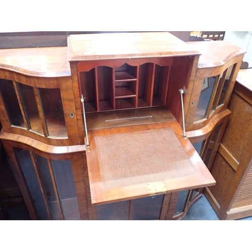 854 - AN ART DECO WALNUT DISPLAY CABINET with central secretaire section 120cm wide