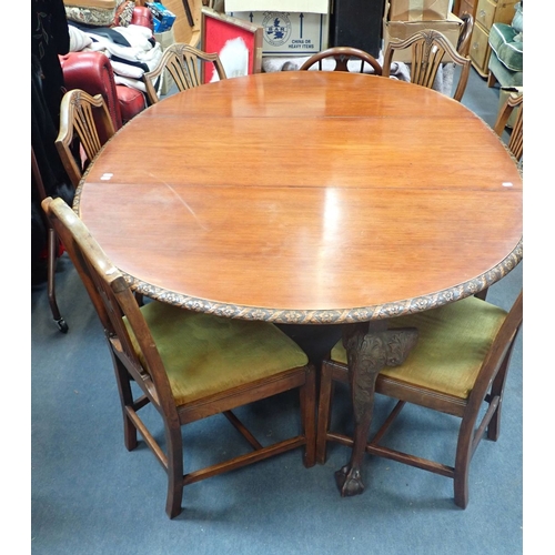 868 - A DROP LEAF OVAL MAHOGANY TABLE carved legs with ball and claw feet, together with six late 18th cen... 