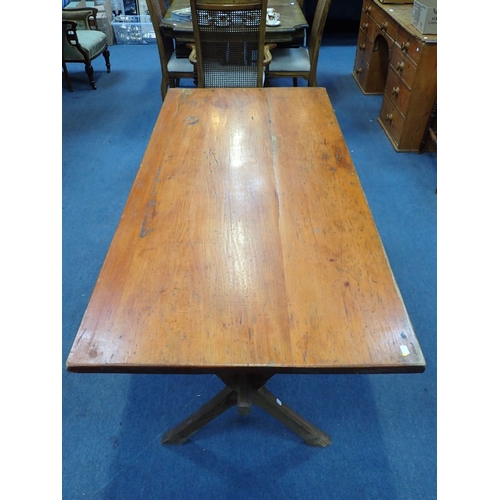 870 - A VICTORIAN PINE 'X' FRAMED REFECTORY TABLE of Gothic form, the legs and stretchers with chamfered e... 