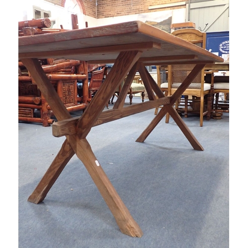 870 - A VICTORIAN PINE 'X' FRAMED REFECTORY TABLE of Gothic form, the legs and stretchers with chamfered e... 