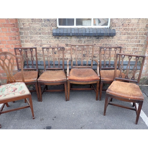 873 - A PART SET OF FIVE 19TH CENTURY MAHOGANY DINING CHAIRS four and an elbow chair, the rectangular back... 