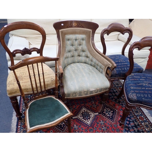 883 - A LATE VICTORIAN MAHOGANY AND MARQUETRY ARMCHAIR frame numbered '798', a pair of Victorian dining ch... 