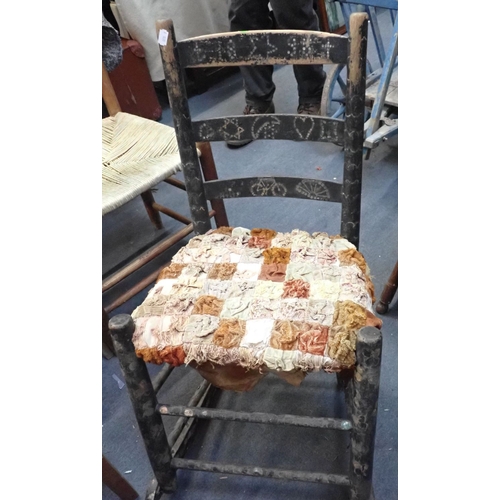 889 - A PAINTED CHAIR, DATED 1898, WITH FOLK ART BICYCLE MOTIF, AND PATCHWORK SEAT (converted to a rocker)... 