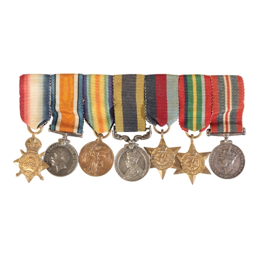 108 - MINIATURE GREAT WAR, INDIA AND WORLD WAR II GROUP OF SEVEN, BAR-MOUNTED FOR WEAR 1914-15 Star, 
Brit... 