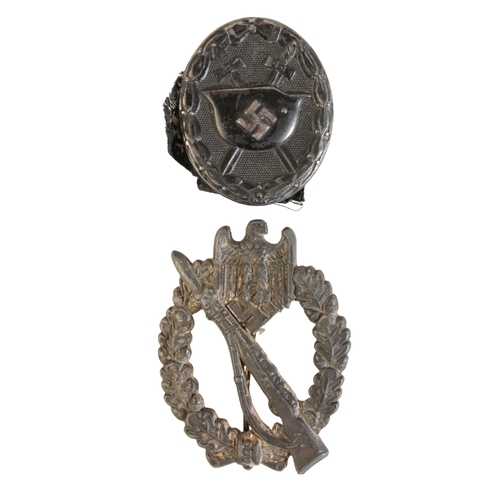 295 - SILVER INFANTRY ASSUALT BADGE AND BLACK WOUND BADGE Silver Infantry Assualt Badge maker marked 'W.H.... 