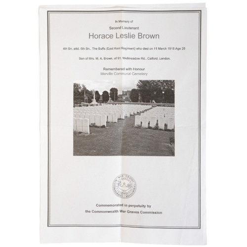 347 - A MEMORIAL PLAQUE TO 2. LIEUTENANT HORACE LESLIE BROWN EAST KENT REGIMENT Horace Leslie Brown was a ... 