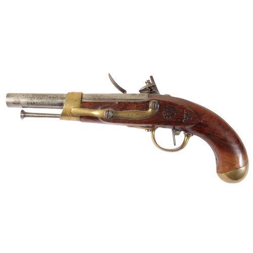 350 - A CONTINENTAL FLINTLOCK SERVICE PISTOL with steel barrel, walnut grip, brass butt and trigger guard,... 