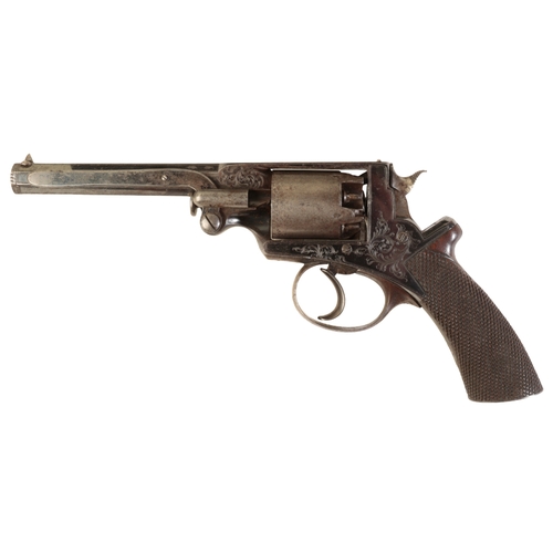 351 - ADAMS PATENT: A PERCUSSION REVOLVER with lacquered walnut grip, floral engraved action and steel tri... 