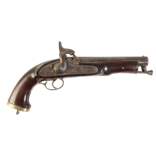 359 - A PERCUSSION SERVICE PISTOL with walnut stock, brass butt plate and trigger guard and swivel ramrod,... 