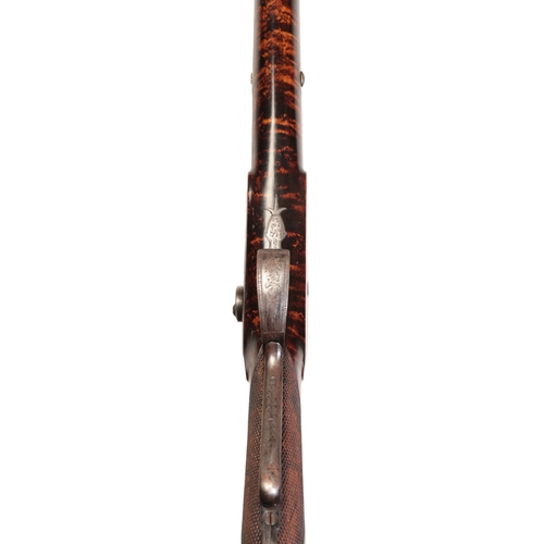 384 - A FARINER SINGLE BARREL DAMASCUS PERCUSSION SPORTING GUN with walnut stock, steel floral engraved tr... 