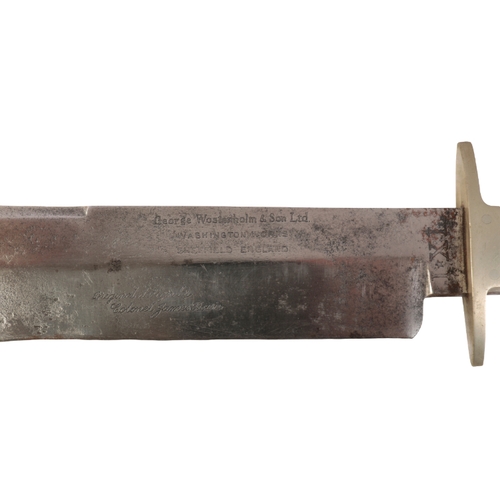 406 - A BOWIE KNIFE by George Wostenholm & Sons Ltd, Washington Works of Sheffield, with antler grip handl... 