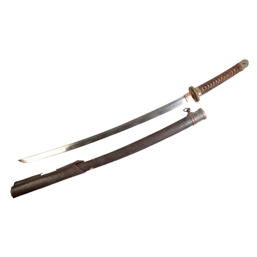 461 - A JAPANESE TACHI SWORD with sharkskin grip, brass tsuba and brass and leather mounted scabbard, 94cm... 