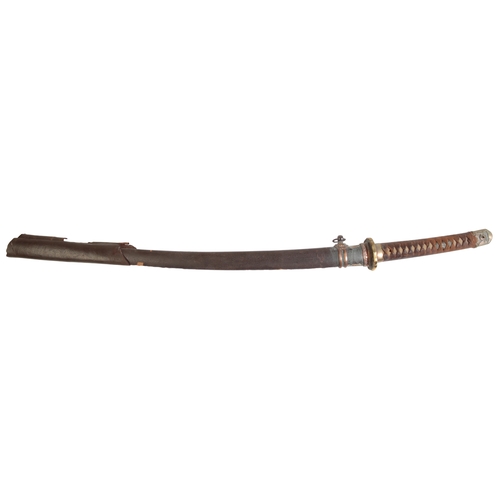 461 - A JAPANESE TACHI SWORD with sharkskin grip, brass tsuba and brass and leather mounted scabbard, 94cm... 