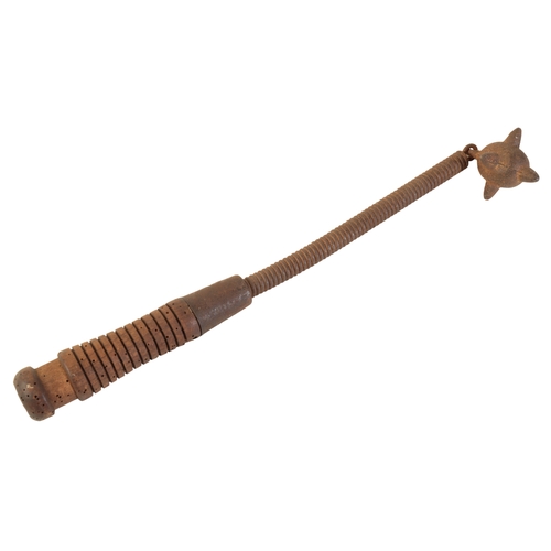 467 - A WWII GERMAN MACE with turned oak handle and spring-shaft metal spike ball, 41cm long