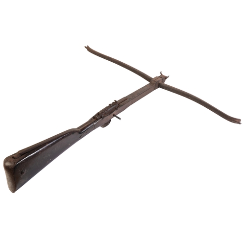 468 - A 19TH CENTURY CROSSBOW with walnut stock, steel trigger guard and back sight, 70cm long; and a 19th... 