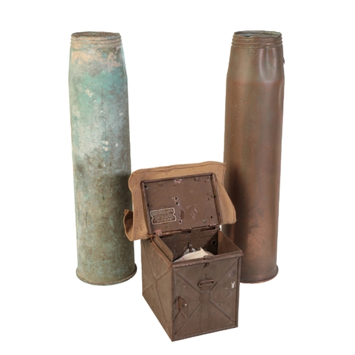 475 - TWO LARGE BRASS MILITARY SHELLS both stamped to the base with military marks, one dated 1959, the ot... 