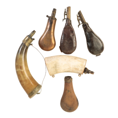 481 - A 19TH CENTURY POWDER HORN another 19th century powder horn; and four powder flasks (6)