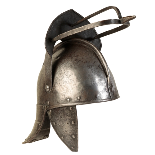 493 - A CROMWELLIAN LOBSTER TAIL HELMET the skull formed in two halves with overlapping internal join, the... 