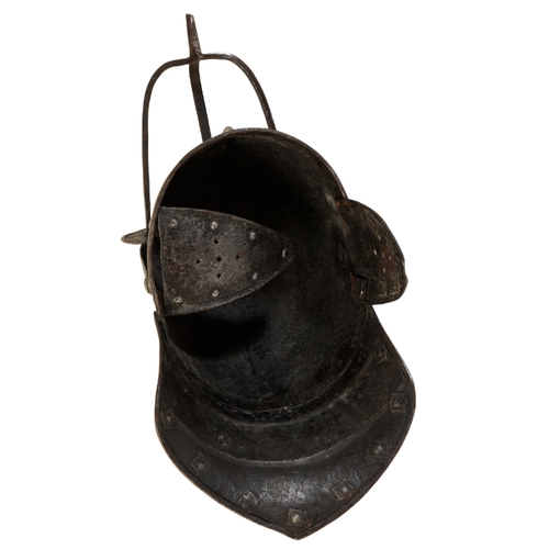 493 - A CROMWELLIAN LOBSTER TAIL HELMET the skull formed in two halves with overlapping internal join, the... 