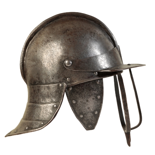 493 - A CROMWELLIAN LOBSTER TAIL HELMET the skull formed in two halves with overlapping internal join, the... 