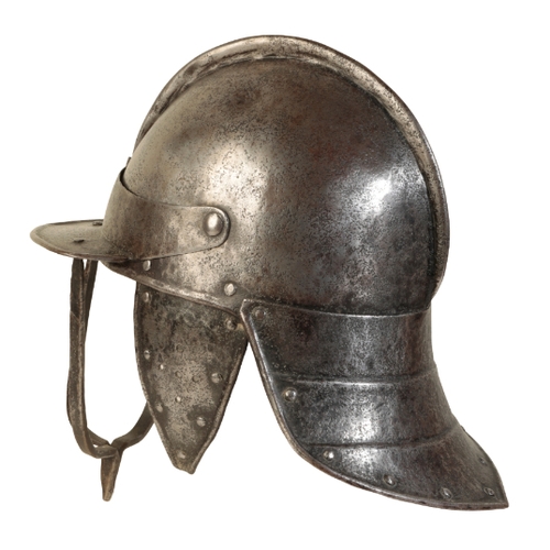 493 - A CROMWELLIAN LOBSTER TAIL HELMET the skull formed in two halves with overlapping internal join, the... 