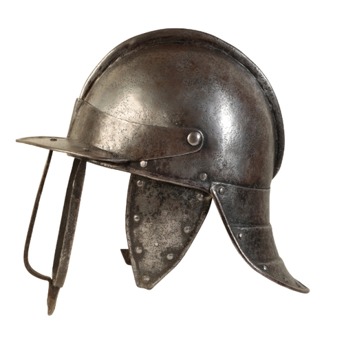 493 - A CROMWELLIAN LOBSTER TAIL HELMET the skull formed in two halves with overlapping internal join, the... 