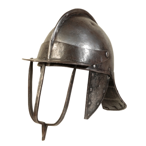 493 - A CROMWELLIAN LOBSTER TAIL HELMET the skull formed in two halves with overlapping internal join, the... 