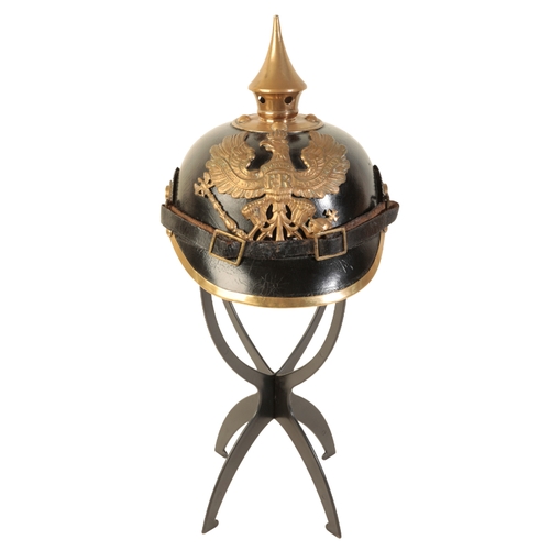 499 - A WWI GERMAN PICKELHAUBE the leather skull with original leather lining and leather chin strap, bras... 