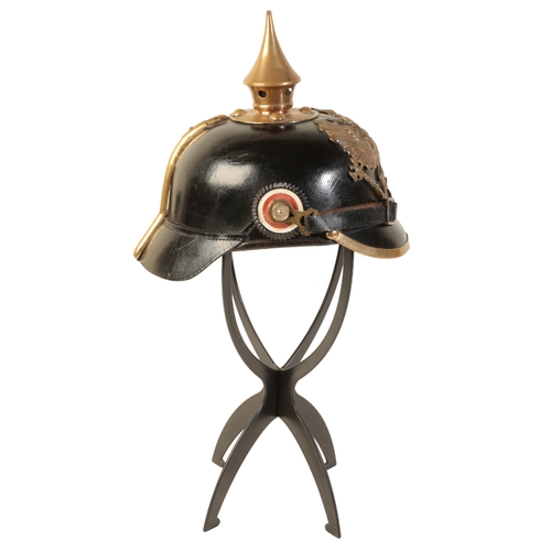 499 - A WWI GERMAN PICKELHAUBE the leather skull with original leather lining and leather chin strap, bras... 