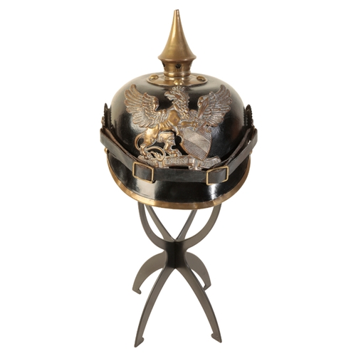 500 - A WWI GERMAN PICKELHAUBE the leather skull with original leather lining and leather chin strap, bras... 