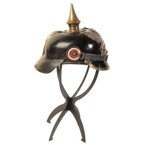 500 - A WWI GERMAN PICKELHAUBE the leather skull with original leather lining and leather chin strap, bras... 