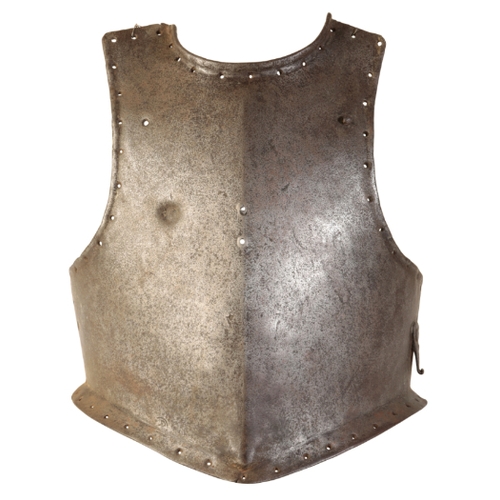 502 - A 17TH CENTURY STYLE  ARMOUR BREAST PLATE with pierced holes around the rim and makers mark stamped ... 