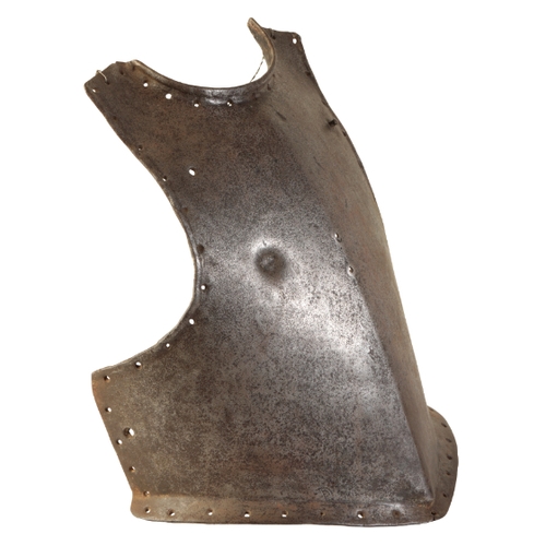 502 - A 17TH CENTURY STYLE  ARMOUR BREAST PLATE with pierced holes around the rim and makers mark stamped ... 