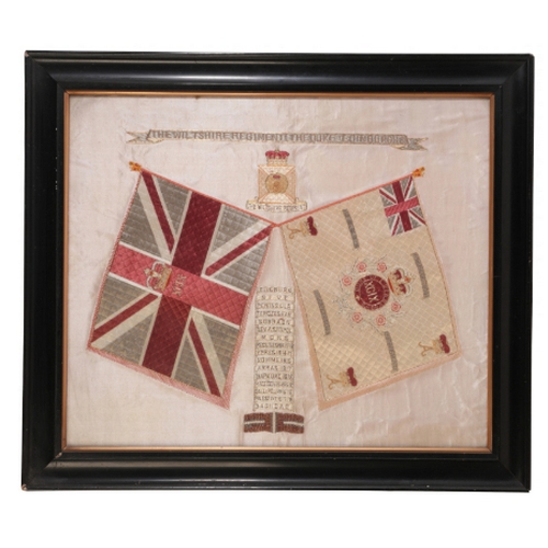 597 - A WILTSHIRE REGIMENT SILK EMBROIDERY OF BATTLE HONOURS inscribed The Wiltshire Regiment (The Duke of... 