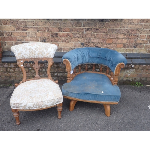 882A - A VICTORIAN OAK-FRAMED TUB CHAIR, WITH SPINDLE BACK and another Victorian chair (2)