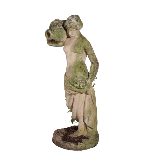 11 - A RECONSTITUTED STONE FIGURE OF A CLASSICAL MAIDEN carrying a water jug, on a plinth base, 108cm hig... 