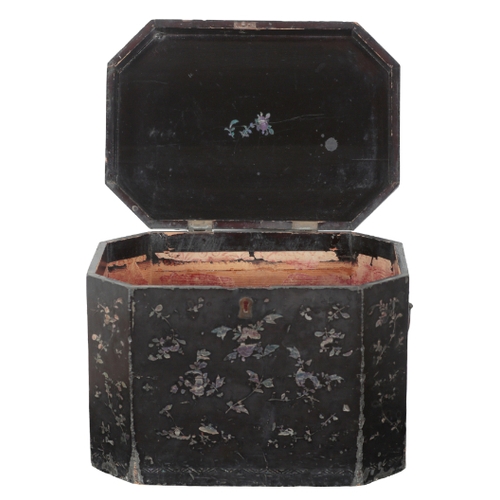 135 - A CHINESE EXPORT LACQUERED BOX early 19th century, with mother of pearl inlay, the hinged lid openin... 