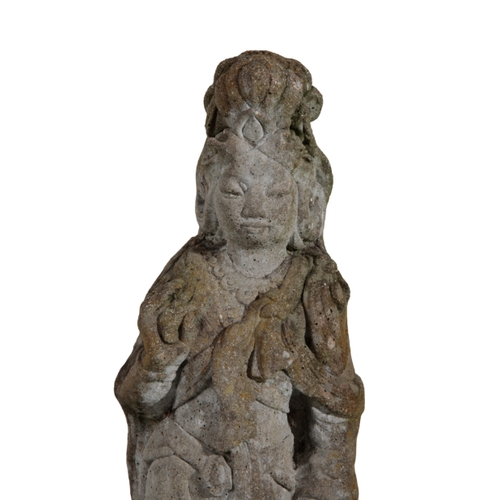 14 - A RECONSTITUTED STONE FIGURE OF A GODDESS on a stepped plinth base, 103cm high