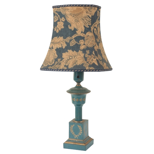 145 - A PAIR OF EMPIRE STYLE BLUE-PAINTED AND PARCEL GILT TABLE LAMPS 20th century, with turned columnar s... 