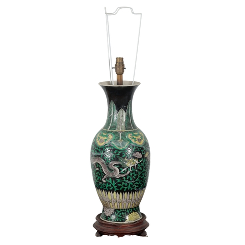 148 - A CHINESE PORCELAIN FAMILLE VERTE BALUSTER VASE later converted to a lamp, 45.5cm high, requiring re... 