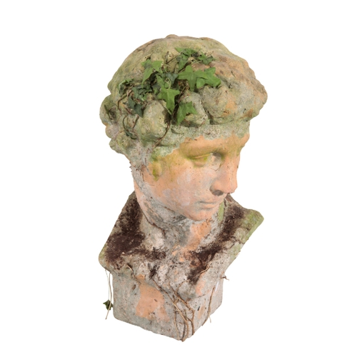 15 - A GROUP OF SIX GARDEN SCULPTURES including, after Michelangelo, a bust of David, 58cm high, a recons... 