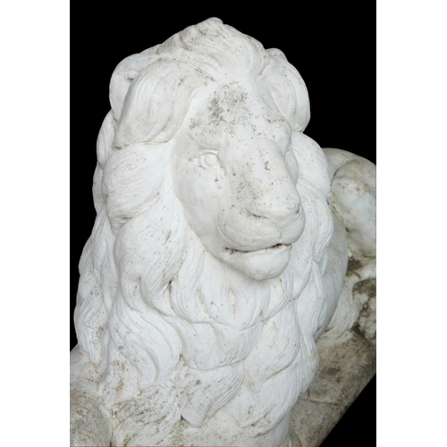 24 - A PAIR OF LARGE PAINTED STONE LIONS 20th century, naturistically carved on plinth bases, 71cm high x... 