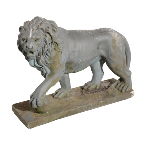 25 - AFTER THE ANTIQUE: A PAIR OF PAINTED STONE MEDICI LIONS on rectangular plinth bases, 59cm high x 74c... 