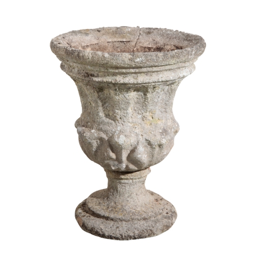 32 - A PAIR OF RECONSTITUTED STONE URNS the tapered bowls on turned socle bases, 51cm high x 40cm wide (2... 