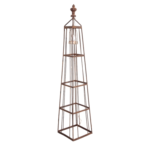 46 - A PAIR OF IRON GARDEN OBELISK with crown finials over a tapered body of square section, 98cm high x ... 