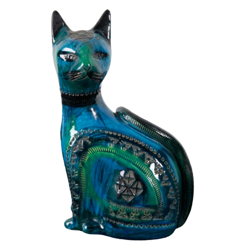 52 - A 1960'S CERAMIC CAT BY ALDO LONDI FOR BITOSSI in 'Rimini blue', with incised decoration, 27cm high,... 