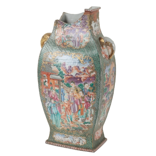 56 - A PAIR OF CANTONESE PORCELAIN VASES of rectangular section, the green ground vase with figural scene... 