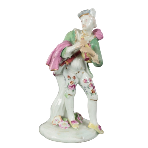 74 - AN 18TH CENTURY DERBY FIGURE OF A MUSICIAN 15cm high, together with a pair of Coalbrookdale type spi... 